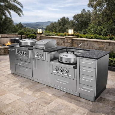 Modern Sunstone TexCajun 9ft Outdoor Kitchen Island Package with grill, griddle, sink, and drawers on a scenic patio