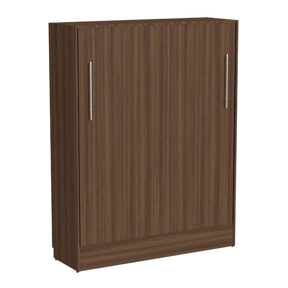 Modern Walnut Inovabed Wall Bed closed in a wood-finish cabinet with two long silver handles