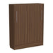 Modern Walnut Inovabed Wall Bed closed in a wood-finish cabinet with two long silver handles