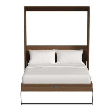 Modern Walnut Inovabed Wall Bed opened from the front with white bedding and black support legs