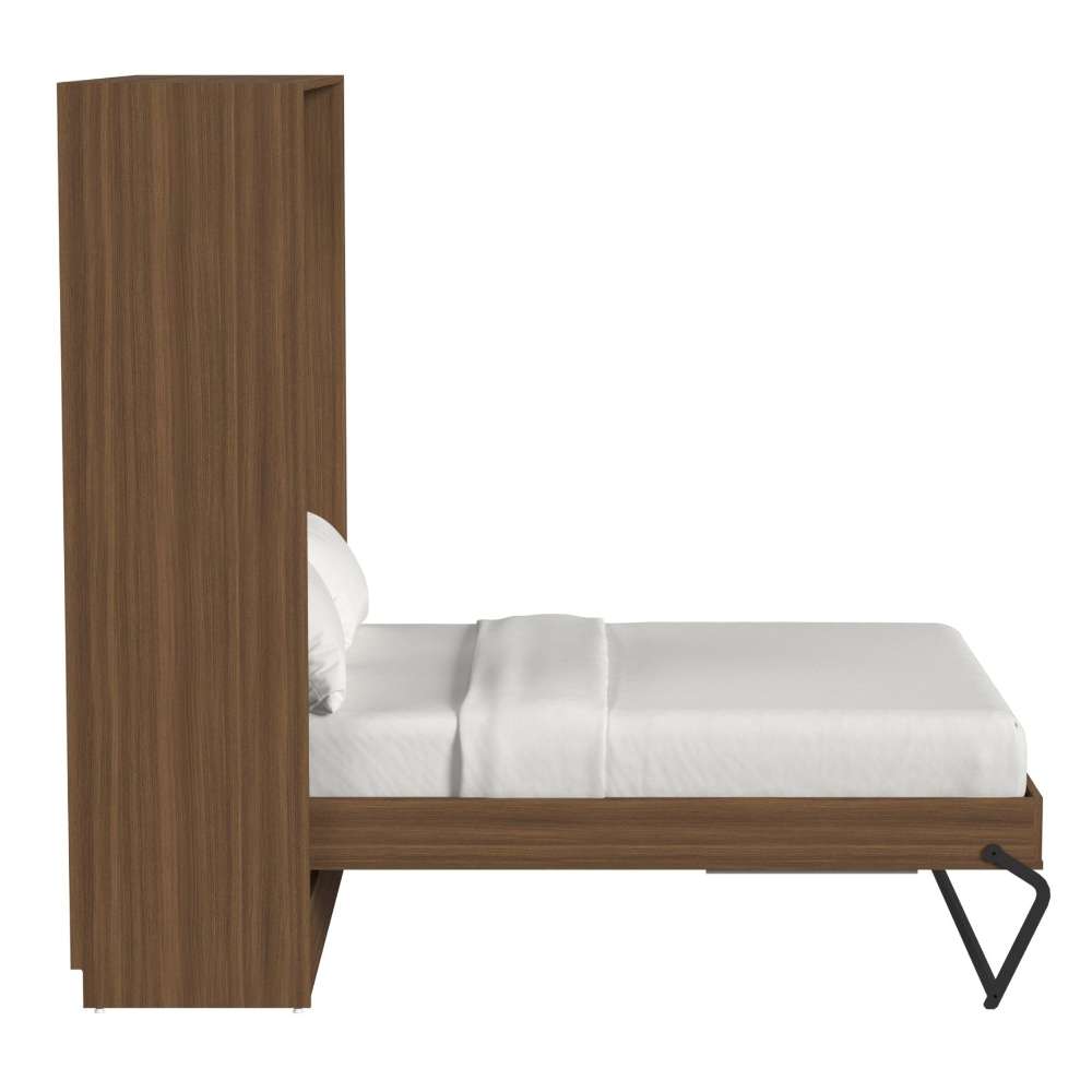 Modern Walnut Inovabed Wall Bed shown open from the side with white bedding and black support legs