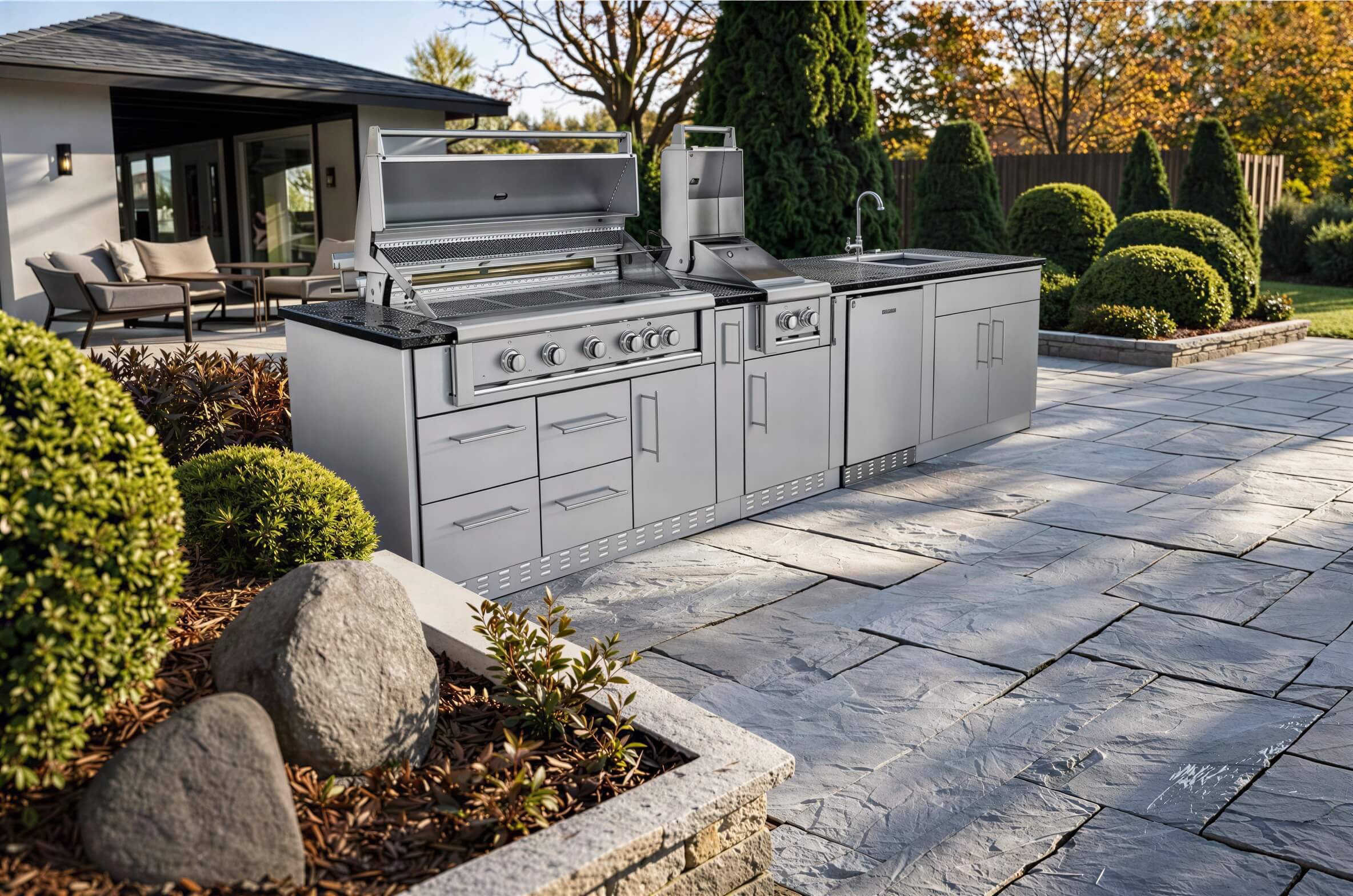Modern backyard setup featuring the Sunstone Gulf Breeze 10ft Expansive Cabinet Island Package with grill, sink, and storage