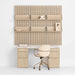 Modern home office featuring Crate & Barrel Luna Ivory Boucle Upholstered Office Chair paired with a wood desk and wall shelving