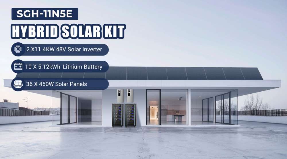 Modern home powered by Sun Gold Power 11400W 48V Split Phase 51.2 KWH Lithium Battery Hybrid Solar Kit with integrated solar energy storage