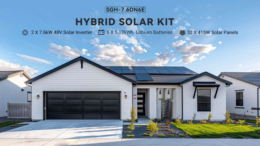 Modern home powered by Sun Gold Power 15200W 48V Split Phase 30.72KWH Lithium Battery Hybrid Solar Kit with rooftop solar panels