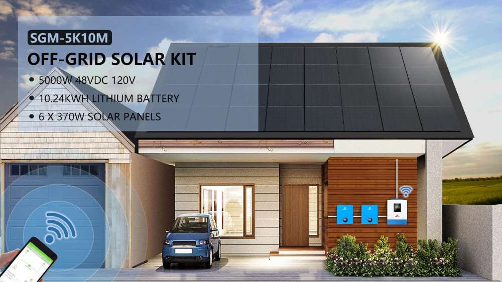 Modern home powered by Sun Gold Power 5000W 48VDC 120V 10.24KWH Lithium Battery 2220W Solar Panel Off-Grid Solar Kit with rooftop panels