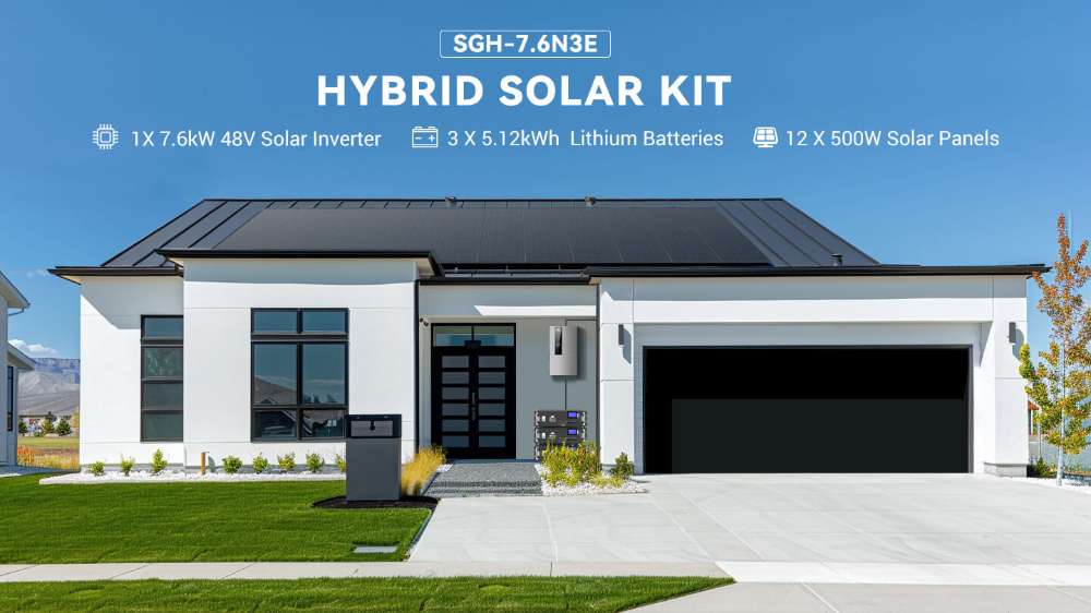 Modern home powered by Sun Gold Power 7600W 48V Split Phase 15.36KWH Lithium Battery Hybrid Solar Kit with rooftop solar panels