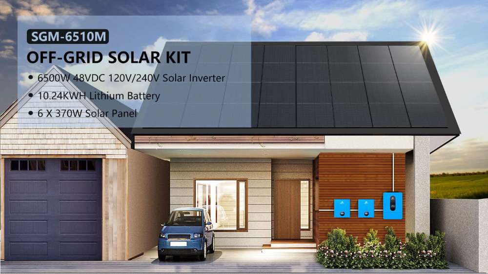Modern home powered by rooftop panels and Sun Gold Power 6500W 48VDC 120/240VAC 10.24KWH Lithium Battery 2220W Solar Panel Off-Grid Solar Kit