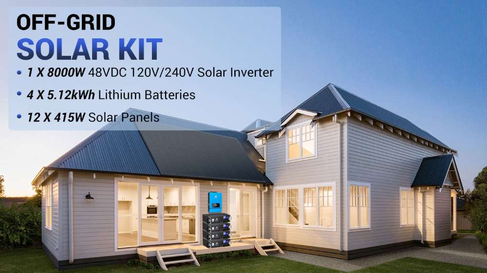 Modern home powered by rooftop solar panels and Sun Gold Power 8000W 48VDC 120V/240V LifePo4 20.48KWH Lithium Battery Off-Grid Solar Kit