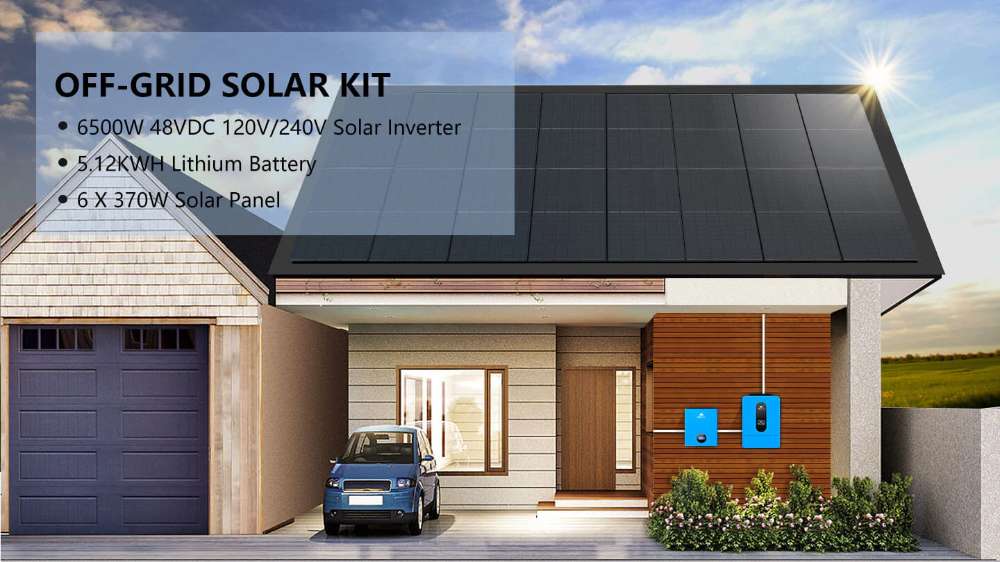 Modern home with rooftop panels and Sun Gold Power 6500W 48VDC 120/240VAC 5.12KWH Lithium Battery Solar Panels Off-Grid Solar Kit installed outside