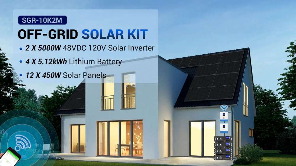 Modern home with rooftop panels and batteries powered by Sun Gold Power 10000W 48VDC 120V/240V LiFePO4 20.48KWH Lithium Battery 5400W Solar Panel Off-Grid Solar Kit