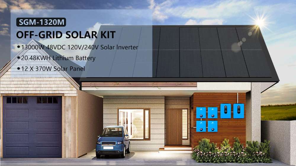 Modern home with rooftop panels and battery storage features Sun Gold Power 13000W 48VDC 120V/240V 20.48KWH Lithium Battery 4440W Solar Panel Off-Grid Solar Kit