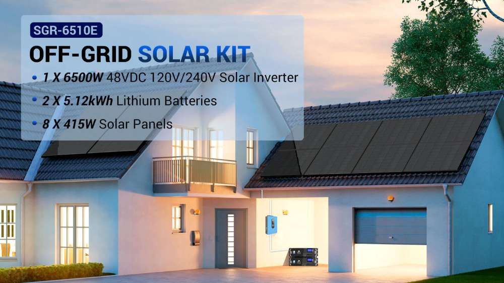 Modern home with rooftop panels and battery storage from Sun Gold Power 6500W 48VDC 120V/240V LiFePO4 10.24KWH Lithium Battery 3320W Solar Panel Off-Grid Solar Kit