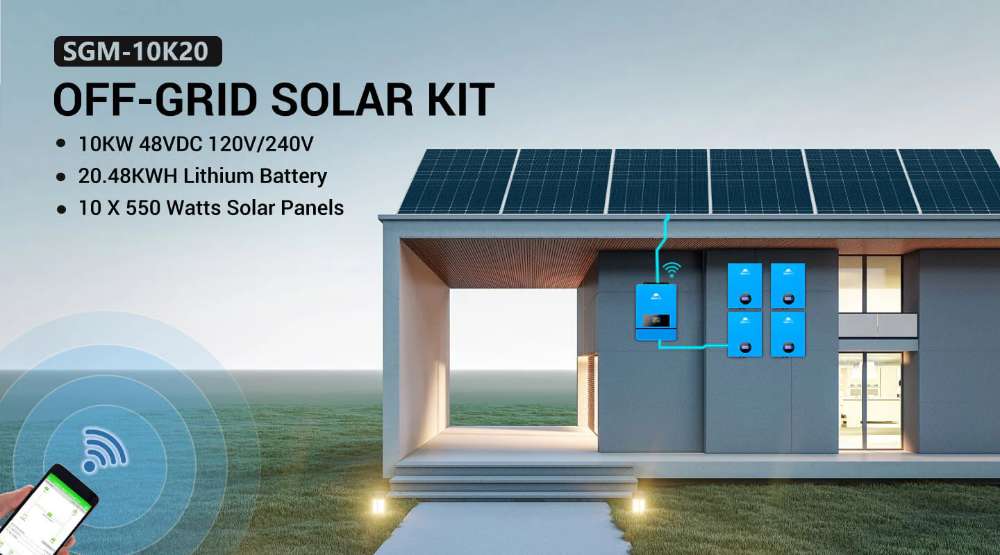 Modern home with rooftop panels and battery storage powered by Sun Gold Power 10000W 48VDC 120V/240V 20.48KWH Lithium Battery 5500W Solar Panel Off-Grid Solar Kit