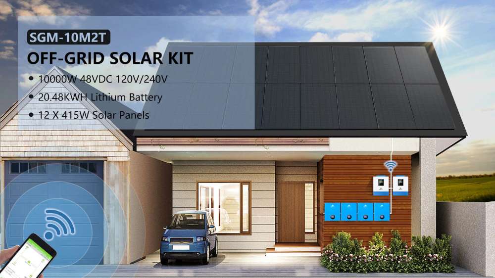 Modern home with rooftop panels and wall-mounted energy storage powered by Sun Gold Power 10000W 48VDC 120V/240V 20.48KWH Lithium Battery 4980W Solar Panel Off-Grid Solar Kit