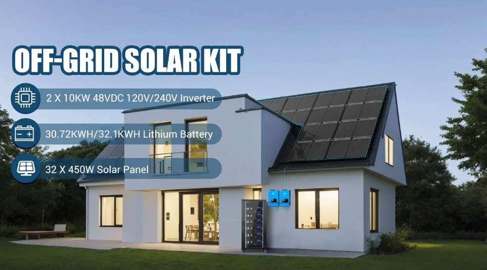 Modern home with rooftop panels, dual inverters, and battery storage from Sun Gold Power 20000W 48VDC 120V/240V LiFePO4 30.72KWH Lithium Battery Off-Grid Solar Kit