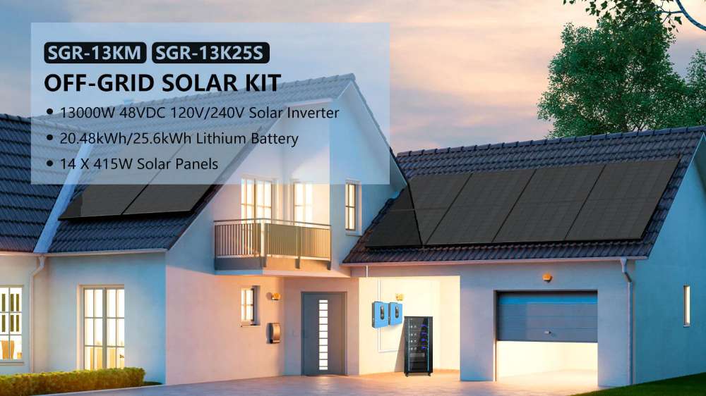 Modern home with rooftop panels illustrates Sun Gold Power 13000W 48VDC 120V/240V LiFePO4 20.48KWH Lithium Battery Off-Grid Solar Kit with dual inverters and battery storage