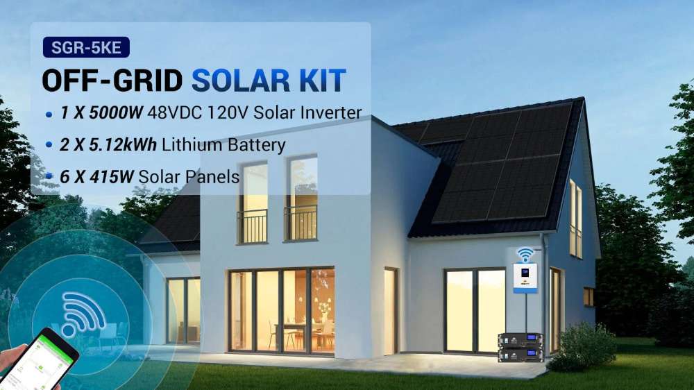 Modern home with rooftop panels, inverter, and two batteries from Sun Gold Power 5000W 48VDC 120V LiFePO4 10.24KWH Lithium Battery 2490W Solar Panel Off-Grid Solar Kit