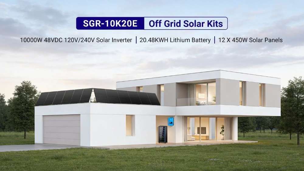 Modern home with rooftop solar panels and battery storage showcases Sun Gold Power 10000W 48VDC 120V/240V LiFePO4 20.48KWH Lithium Battery Solar Panel Off-Grid Solar Kit