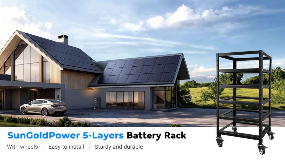 Modern home with solar panels and Sun Gold Power 5-Layer Battery Rack displayed beside the house