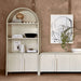 Modern living room featuring Crate & Barrel Annie 38" Whitewashed Wood Storage Bookcase with Shelves beside a matching cabinet