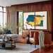 Modern living room featuring Crate & Barrel Tate 64.5" Walnut Storage Media Console beneath oversized abstract wall art