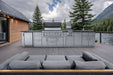 Modern mountain deck setup with the Sunstone Dallas 14ft Outdoor Kitchen Island Package with Gas Hybrid Charcoal Grill and sleek stainless steel design