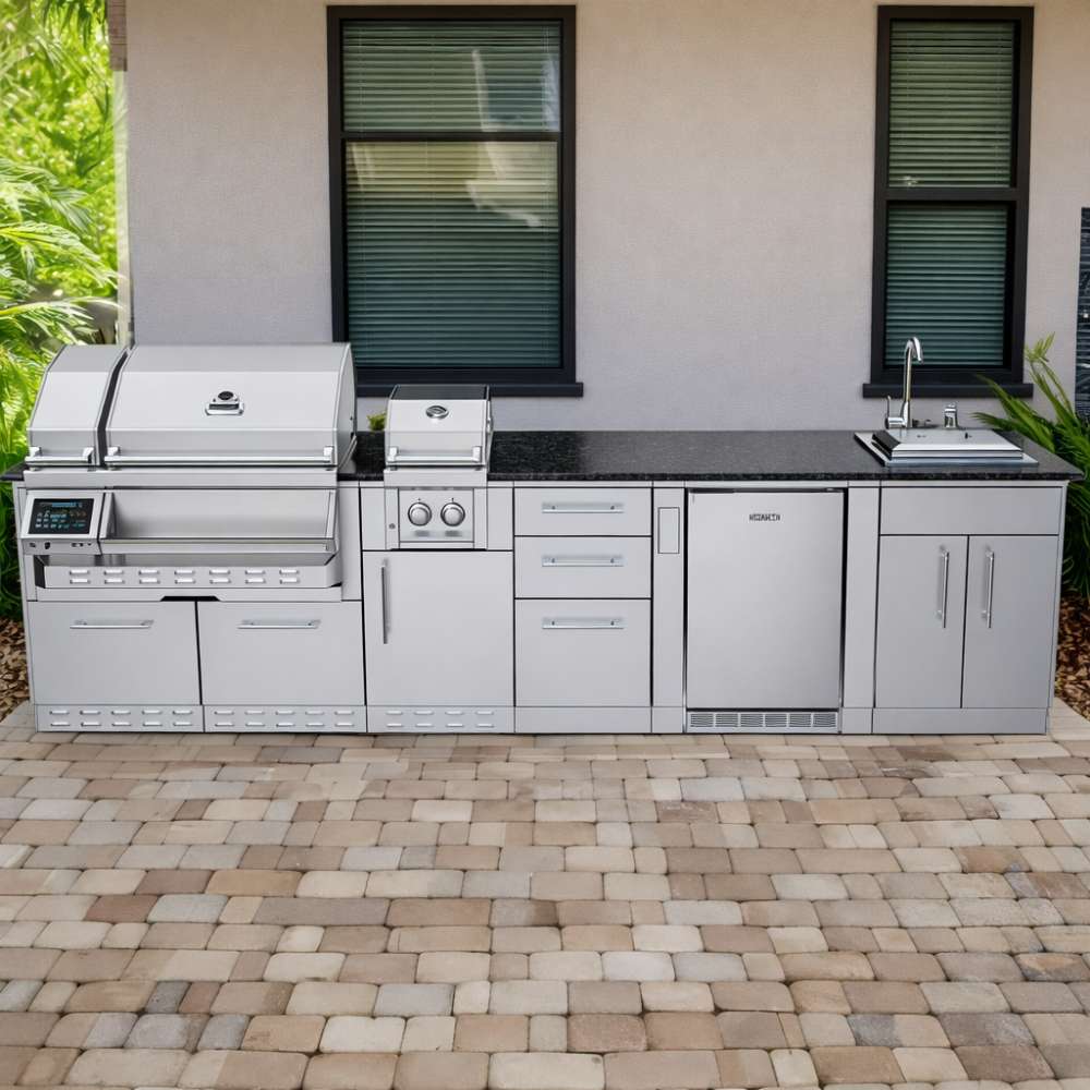 Modern outdoor kitchen with grill, sink, fridge, and cabinets from the Sunstone Cypress 11.6FT Outdoor Cabinet large Island Package
