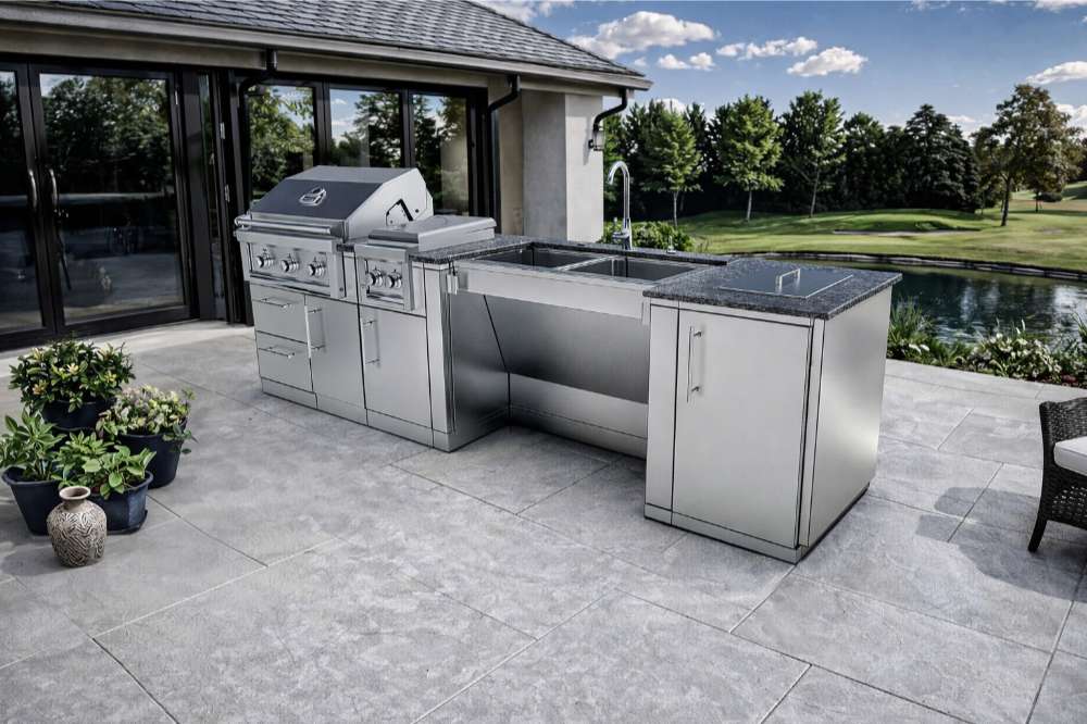 Modern patio view of the Sunstone Summit 10ft Outdoor Kitchen Island Package with grill, sink, and storage beside a peaceful lake