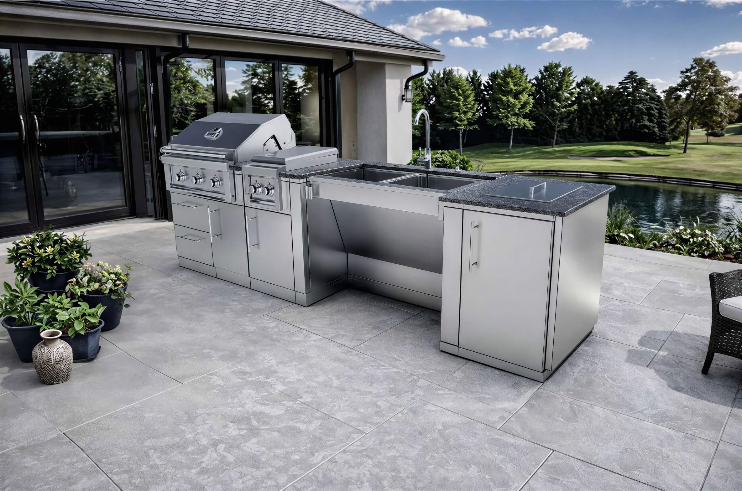 Modern patio view of the Sunstone Summit 10ft Outdoor Kitchen Island Package with grill, sink, and storage beside a peaceful lake