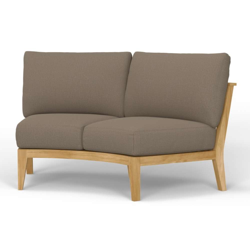 Modern two-seat Westminster Teak Kafelonia Sofa Sectional with a light teak wood frame and thick taupe cushions is shown against a plain white background