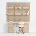 Modern workspace with Crate & Barrel Batten 62" White Oak Wood Desk with White Marble Top and Panel Set with 6 Reversible Shelves, paired with a rolling desk chair