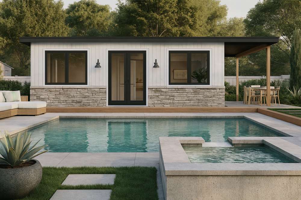 Modern Sawmill Structures The Tremblant Garden Suites with white siding, stone base, and black-trimmed windows stands behind a serene pool and spa