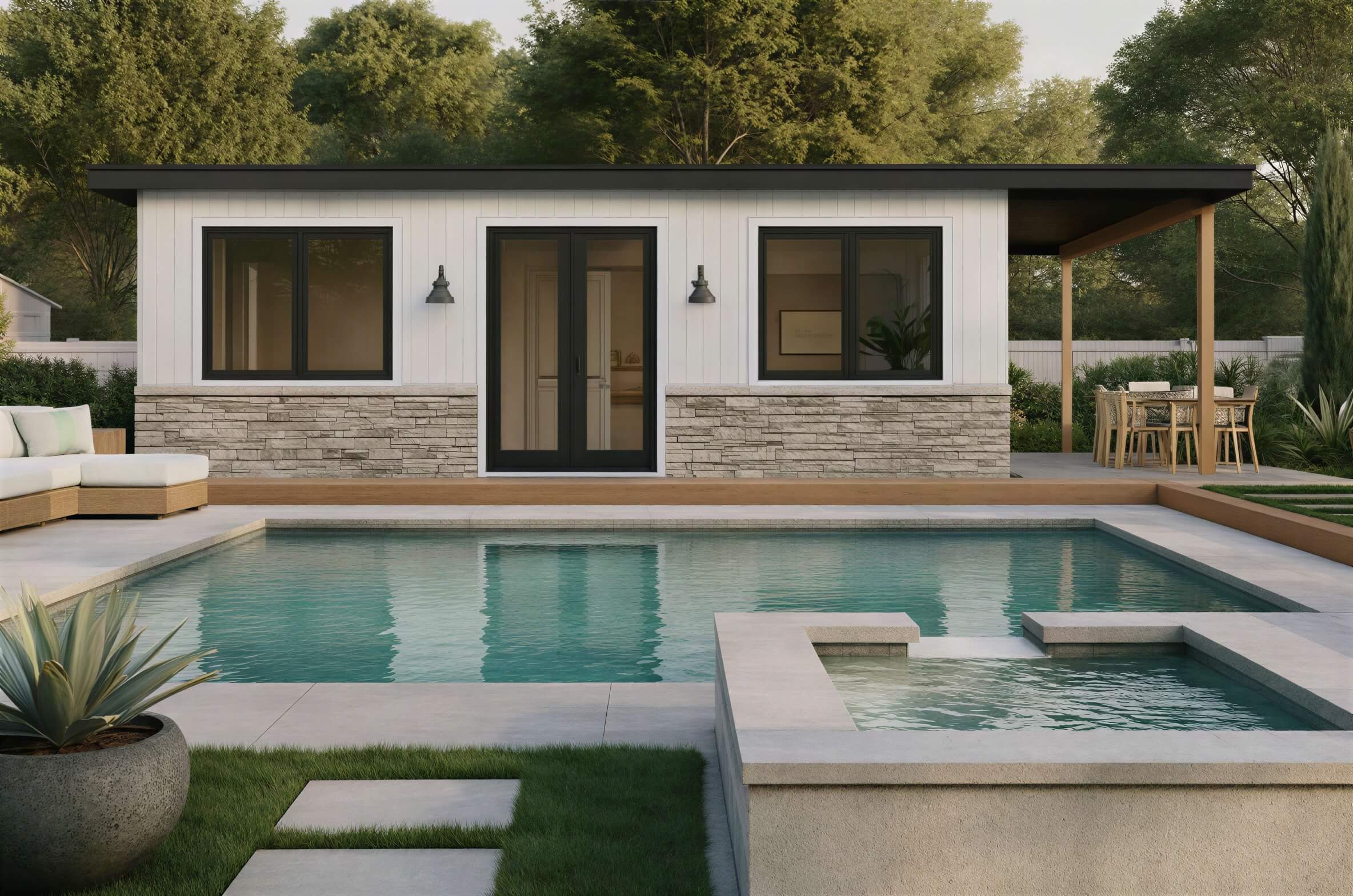 Modern Sawmill Structures The Tremblant Garden Suites with white siding, stone base, and black-trimmed windows stands behind a serene pool and spa