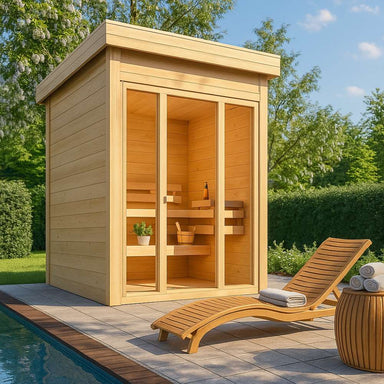 Modern wooden Sawmill Structures TS TwoSauna Sauna with glass doors stands beside a pool under a sunny sky