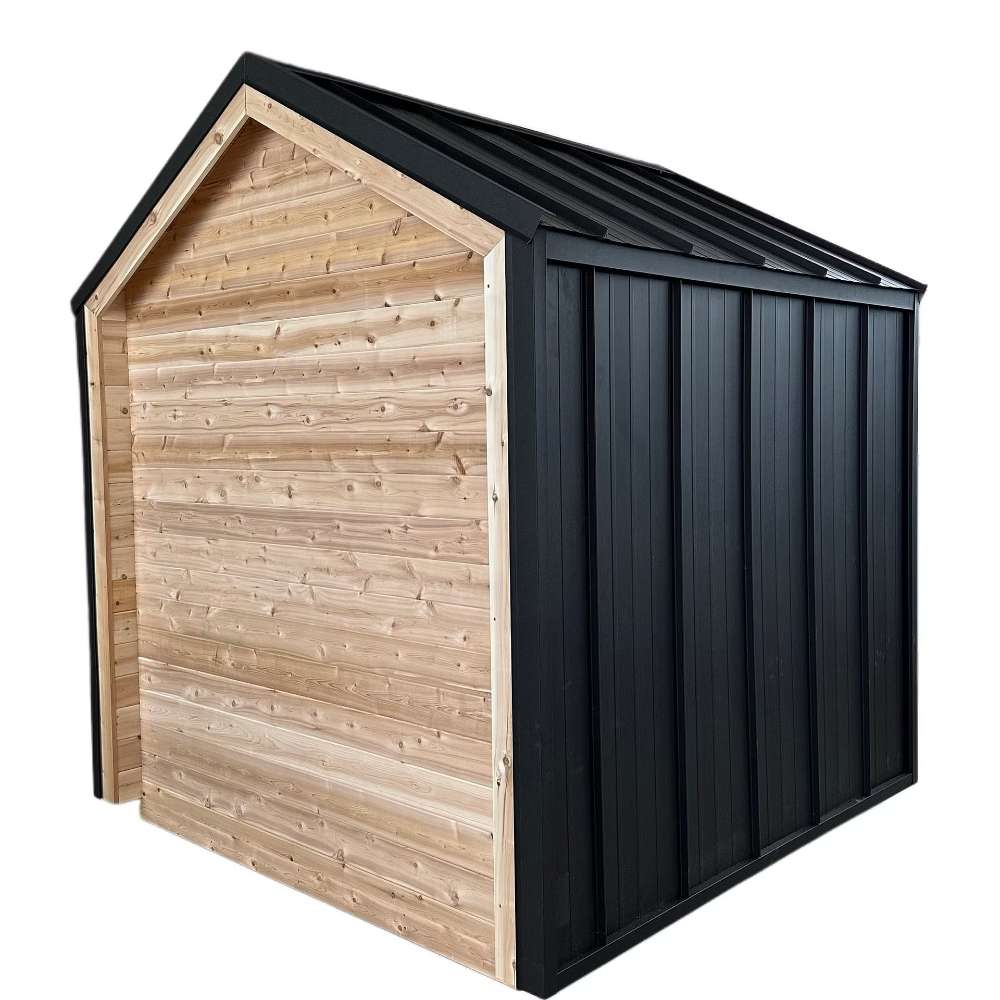 Modern wooden cabin like Sawmill Structures CabinSauna™ with black metal siding and a slanted roof