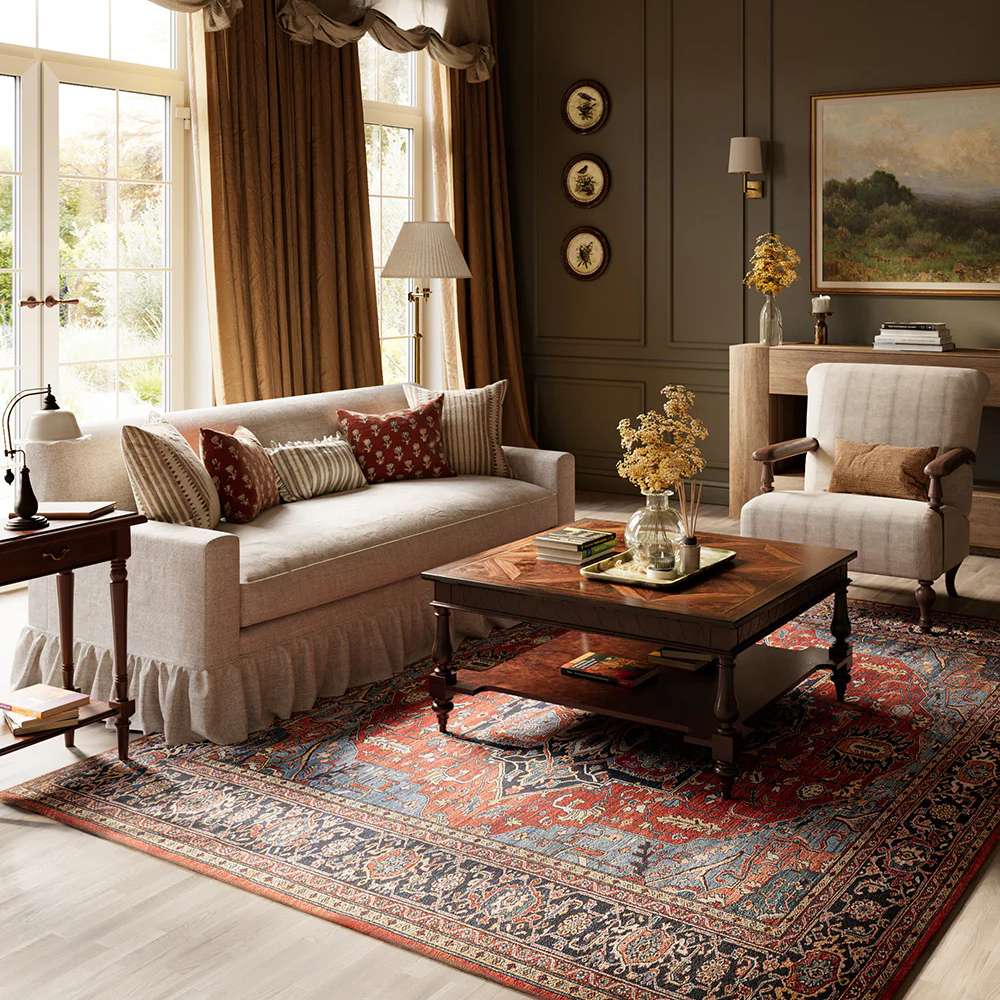 Momeni Afshar Indoor Rug - AFS37 Red adds warmth and elegance to a traditional living room with its rich red, blue, and ivory tones