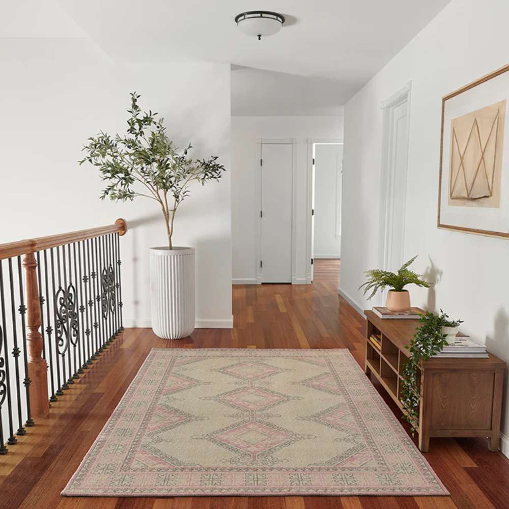 Momeni Anatolia Indoor Rug - ANA-10 Pink placed in a hallway with wood floors
