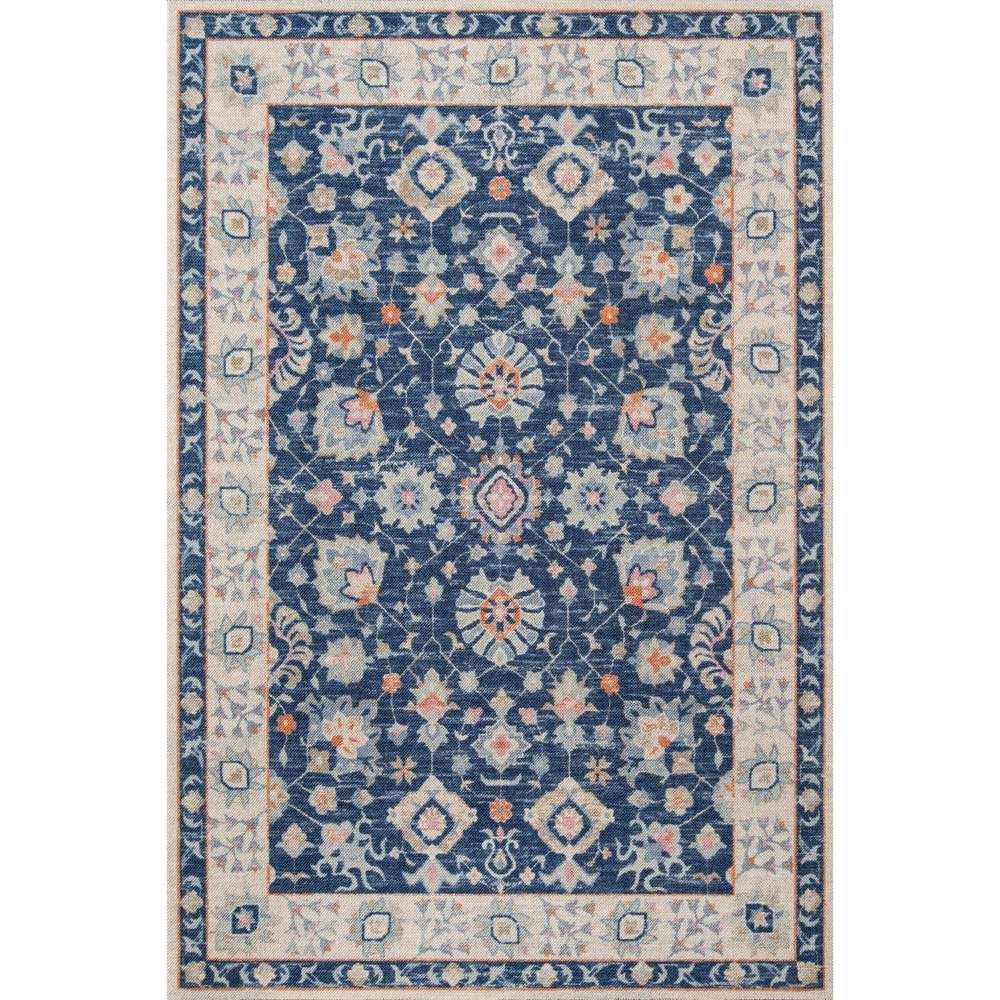 Momeni Anatolia Indoor Rug - ANA-8 Navy is a rectangular area rug with an ornate floral pattern framed by a light border