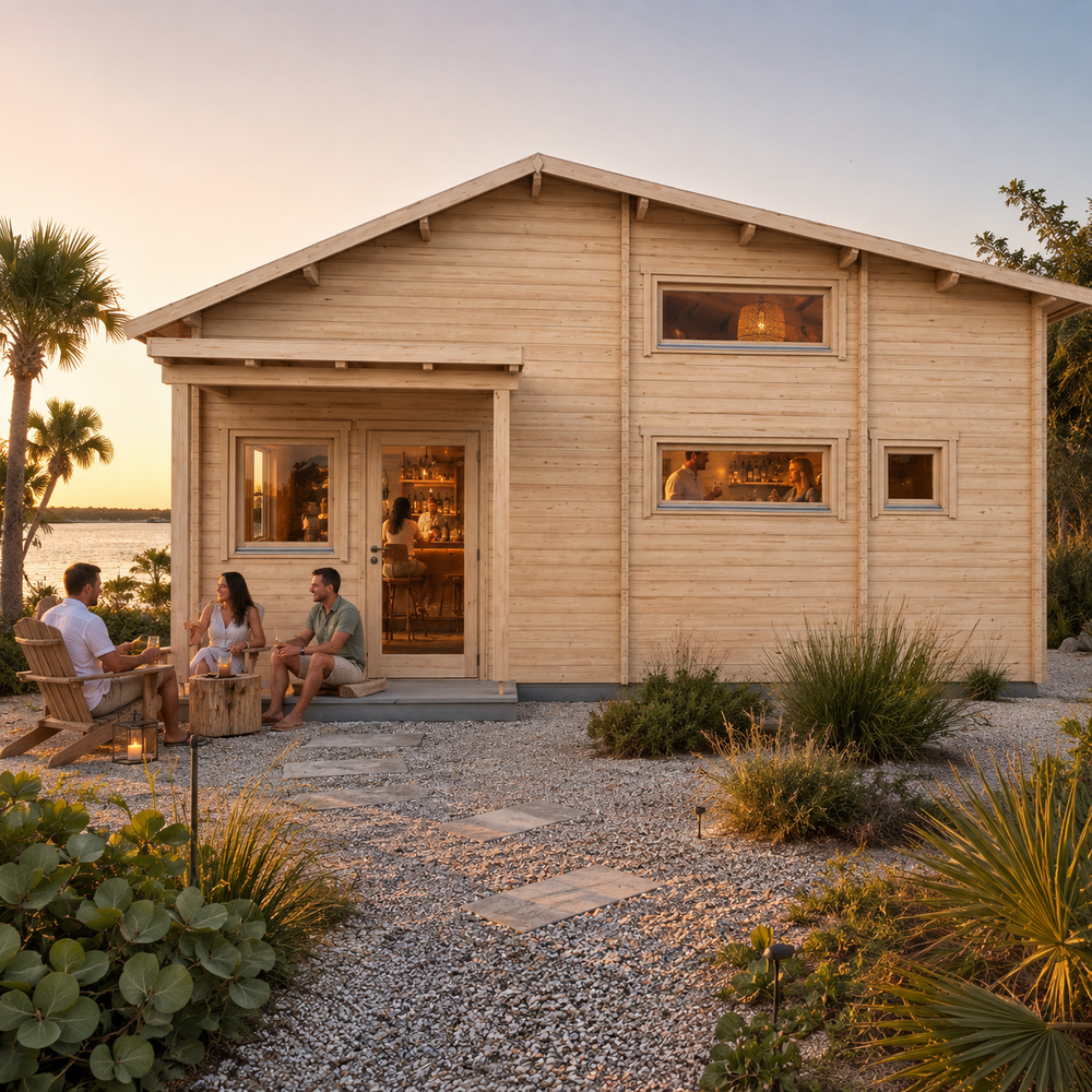 Montreal 70 transformed into an upscale golden-hour backyard bar overlooking a landscaped Florida Gulf Coast waterfront.