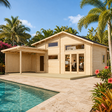 Montreal 70 Freedom Loft Studio configured as a sunny home office beside a pool in a landscaped South Florida tropical courtyard.