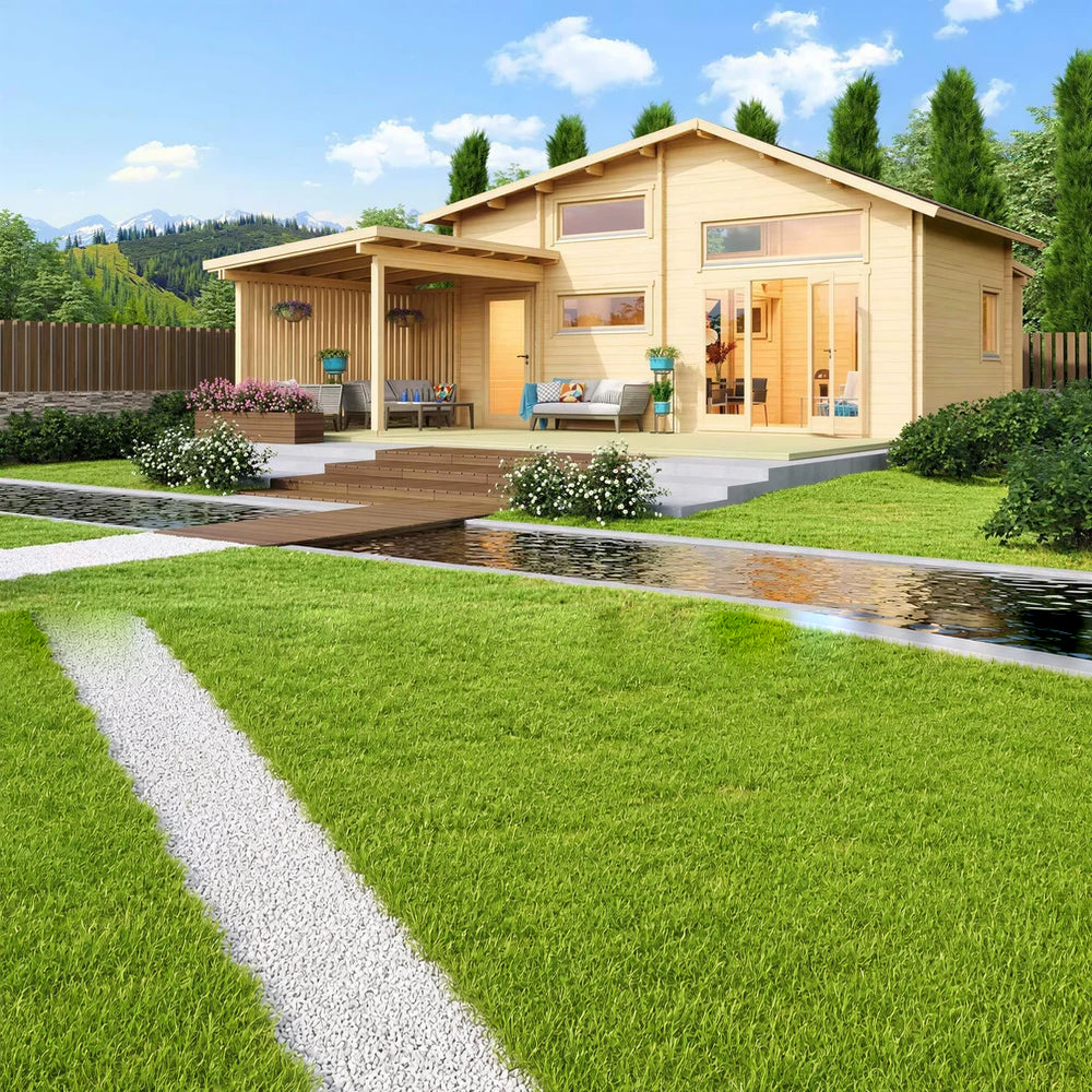 A landscaped image with mountains in the background and a wooden bridge leading to the GardenHouse24 USA Montreal 70 Garden Room