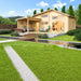 A landscaped image with mountains in the background and a wooden bridge leading to the GardenHouse24 USA Montreal 70 Garden Room