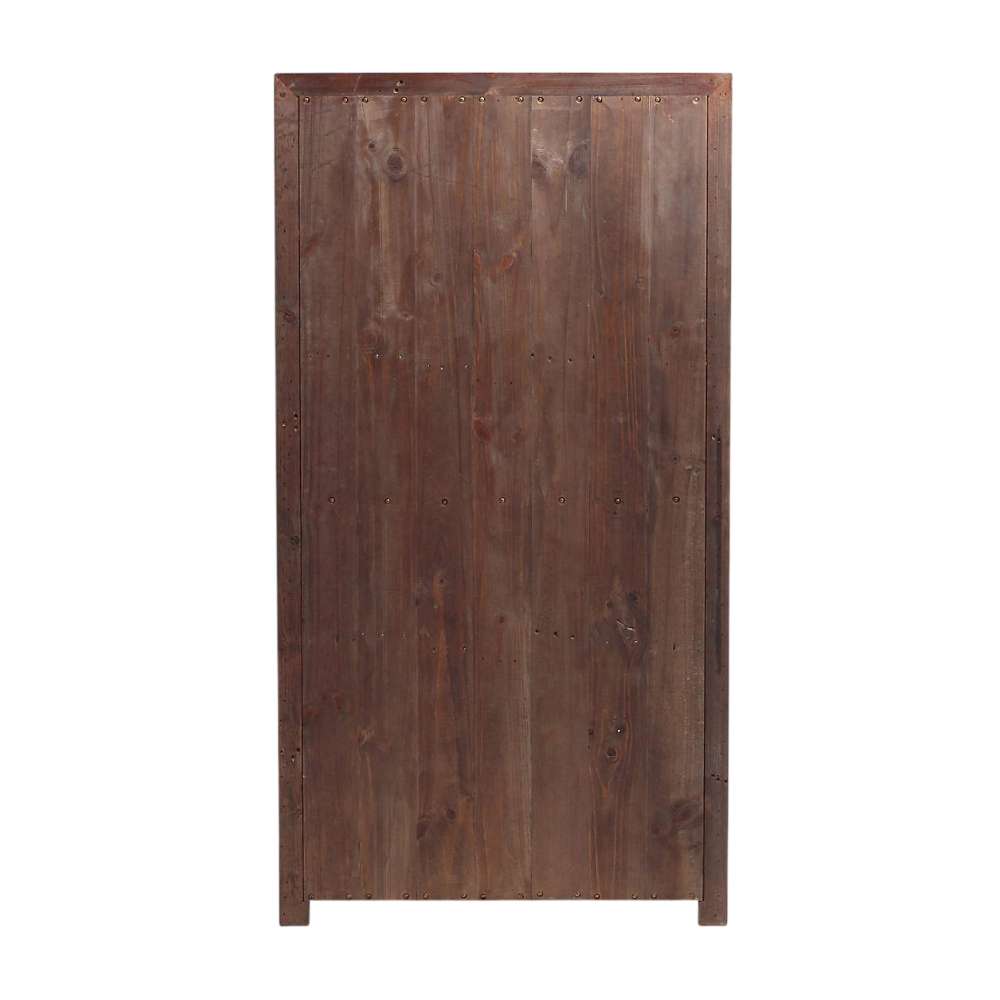 Solid wood back panel of the Crate & Barrel Morris 36" Chocolate Brown Wood and Glass Bookcase Cabinet