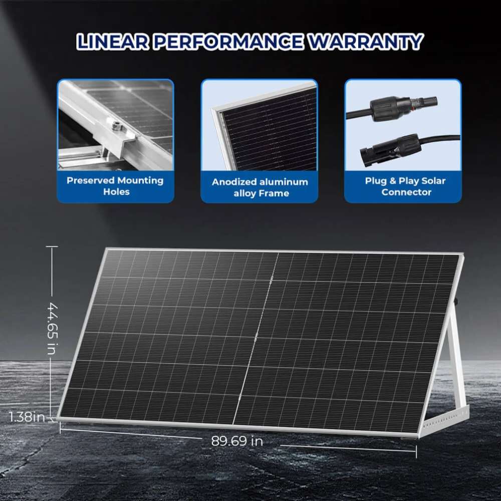 Mounted on a ground stand, Sun Gold Power 590W Bifacial N-Type Monocrystalline Solar Panel is shown with its dimensions, aluminum frame, and plug-and-play connectors