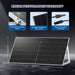 Mounted on a ground stand, Sun Gold Power 590W Bifacial N-Type Monocrystalline Solar Panel is shown with its dimensions, aluminum frame, and plug-and-play connectors