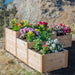 Multi-level flower planter on a hillside showcases the Outdoor Living Today 5.5×2 Tiered Cedar L-Shaped Raised Garden Bed at the center