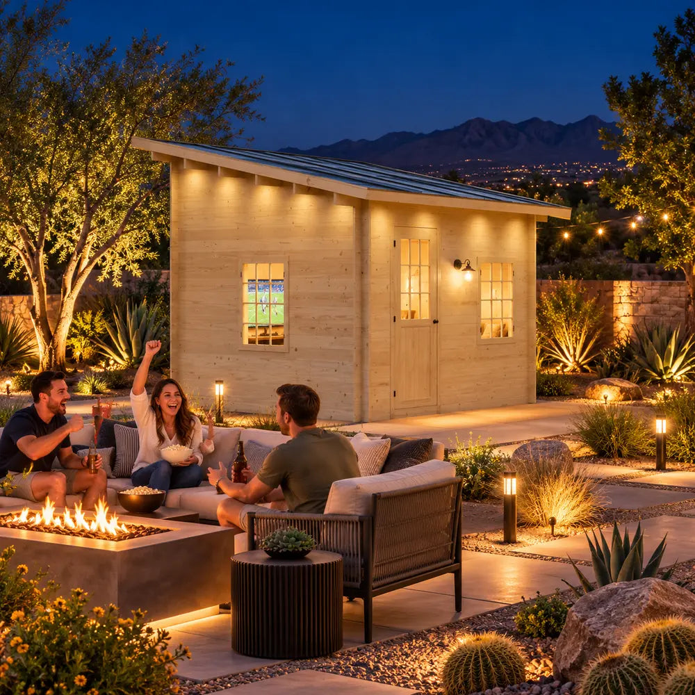 Multi Cube Versa 100 Freedom Office glowing during a bright Nevada night as friends enjoy a sports gathering beside illuminated desert landscaping and distant mountains.
