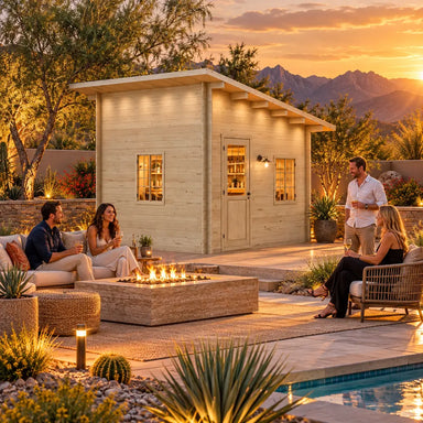Multi Cube Versa 100 Freedom Office transformed into an intimate backyard bar at golden hour, with friends gathered around a fire feature in a luxury Nevada landscape.
