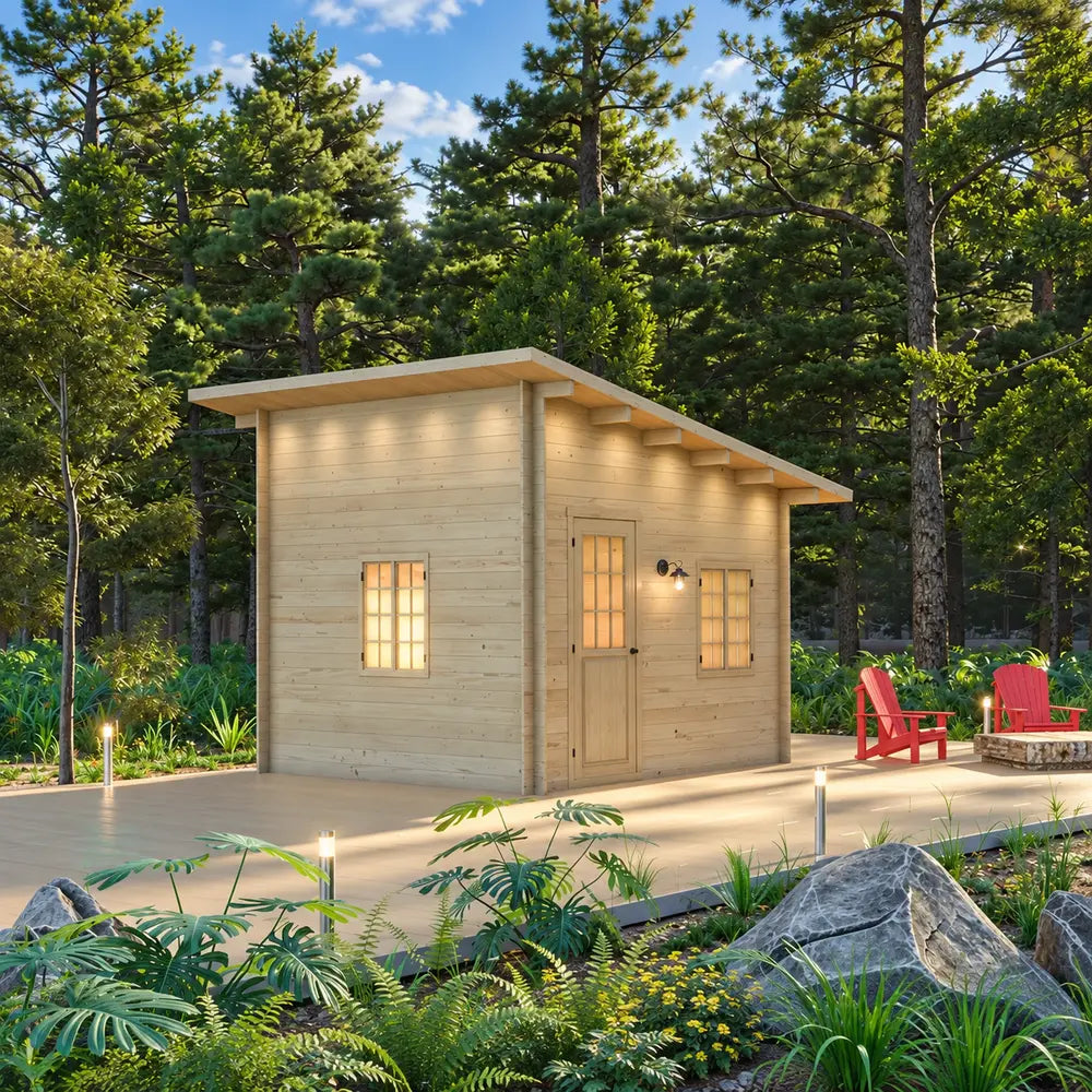 Front view of the Multi Cube Versa 100 featuring a wooden door, two illuminated windows, exterior lamp, red Adirondack chairs, and surrounding pines.